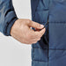 Men's Sierra Thermal Jacket - A men's puffer jacket in navy blue, featuring a close-up of a hand adjusting a zippered pocket.