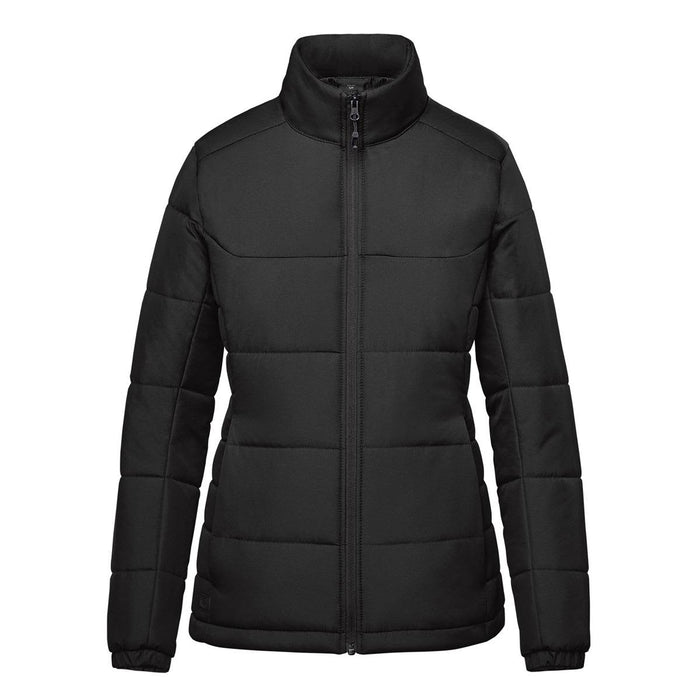 Women's Sierra Thermal Jacket - A women's black thermal puffer jacket with a zip closure and a high collar. It features a logo on the chest.