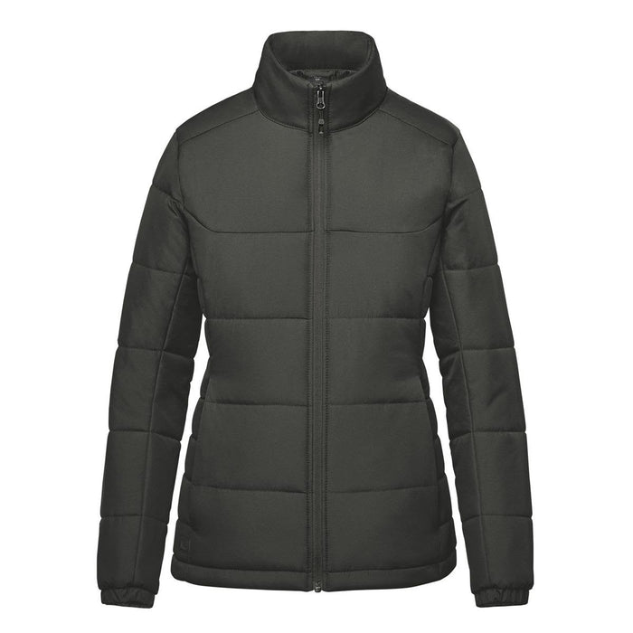 Women's Sierra Thermal Jacket - A dark green women's puffer jacket with a high collar and zip front, featuring a logo on the chest.