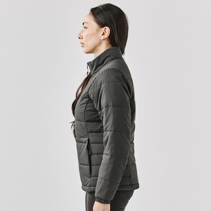 Women's Sierra Thermal Jacket - A women's puffer jacket in dark grey, featuring a zip closure and a fitted design, shown from the side.