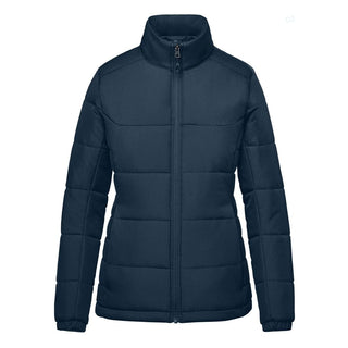 Women's Sierra Thermal Jacket - A women's puffer jacket in navy blue, featuring a zip-up front and high collar. It has a logo on it.