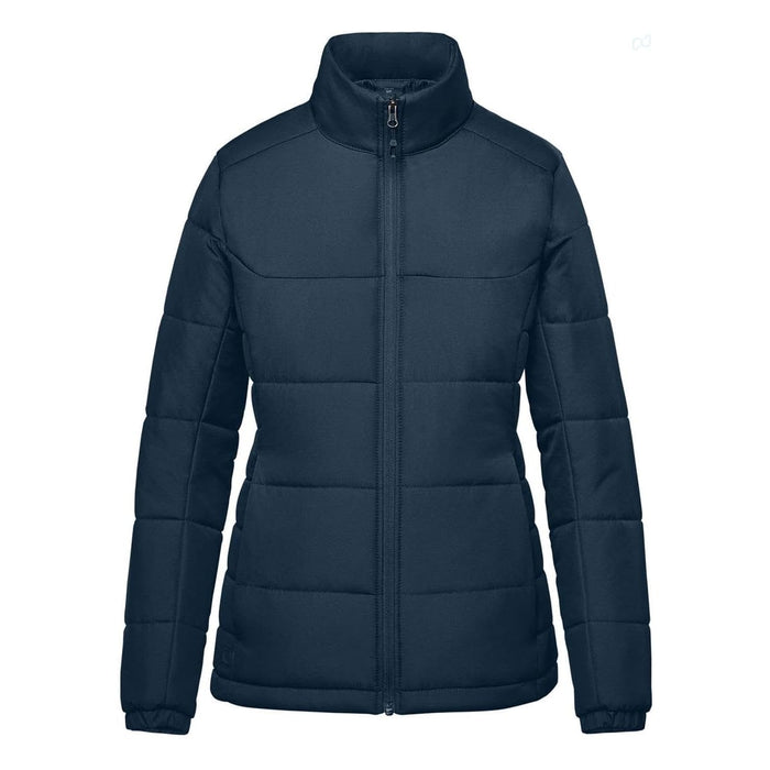 Women's Sierra Thermal Jacket - A women's puffer jacket in navy blue, featuring a zip-up front and high collar. It has a logo on it.