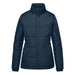 Women's Sierra Thermal Jacket - A women's puffer jacket in navy blue, featuring a zip-up front and high collar. It has a logo on it.