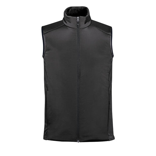 Men's Cascadia Thermal Vest - A black thermal vest with a stand-up collar and zip front, featuring shoulder panels and a simple design.