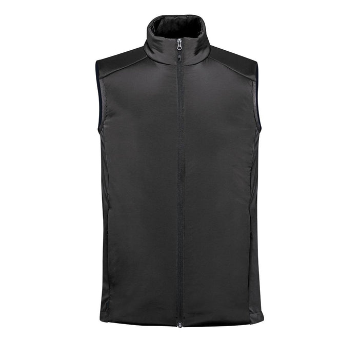 Men's Cascadia Thermal Vest - A black thermal vest with a stand-up collar and zip front, featuring shoulder panels and a simple design.