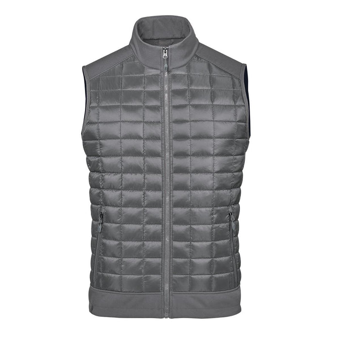 Men's Appalachian Thermal Softshell Vest - A grey thermal softshell vest featuring a quilted design and a zippered front. It has pockets and a branding logo.