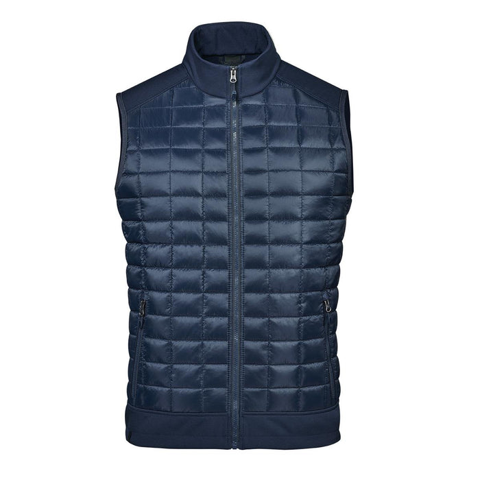 Men's Appalachian Thermal Softshell Vest - A navy blue men's thermal softshell vest featuring a quilted design and a zip closure. It has branding on the garment.
