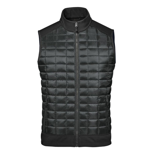 Men's Appalachian Thermal Softshell Vest - A black thermal softshell vest featuring a quilted design and a full front zip, with a sleek collar and pockets.
