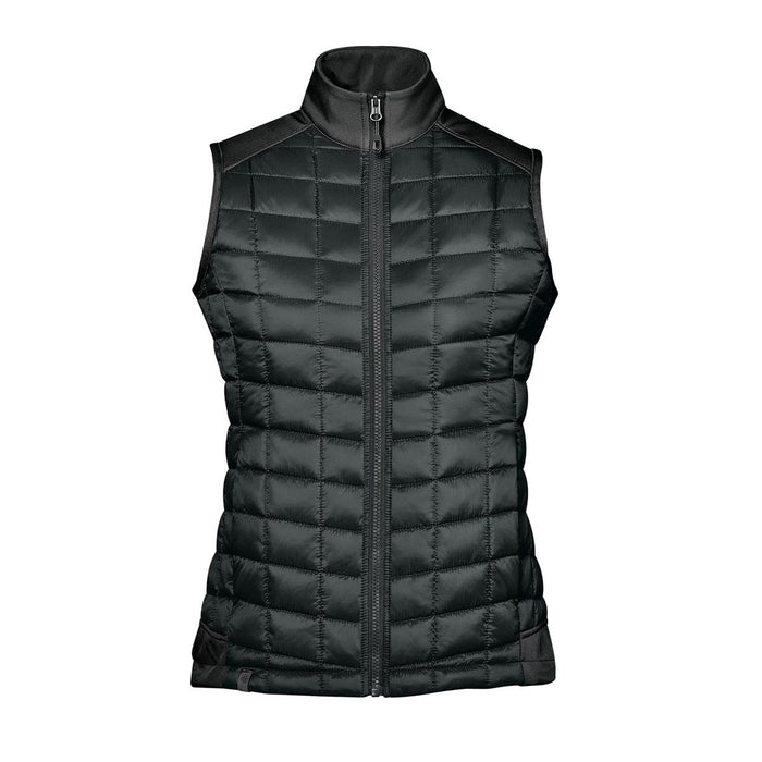 Women's Appalachian Thermal Softshell Vest - A black thermal softshell vest with a quilted design and a high collar, featuring a front zipper and no sleeves.