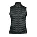 Women's Appalachian Thermal Softshell Vest - A black thermal softshell vest with a quilted design and a high collar, featuring a front zipper and no sleeves.