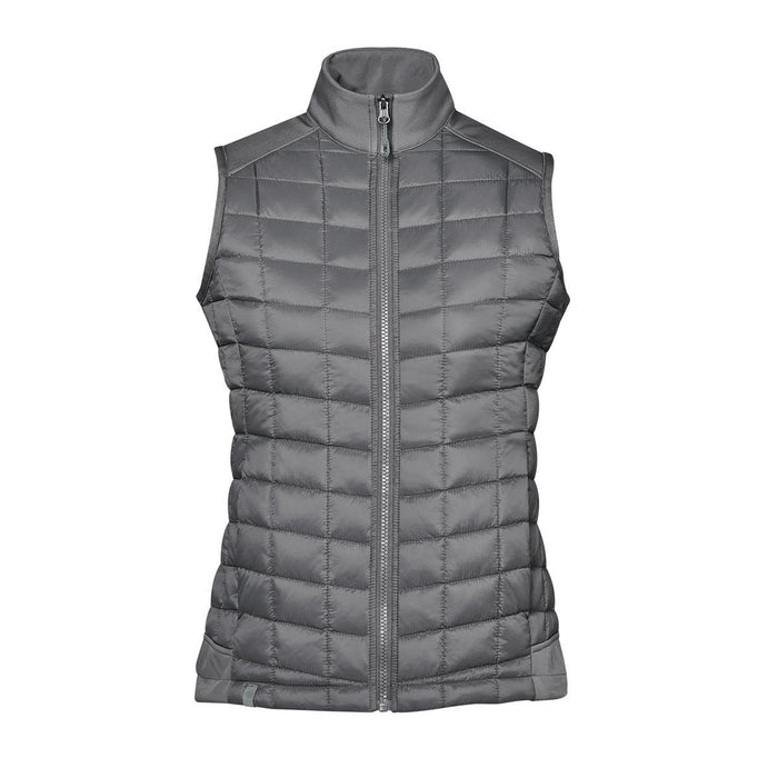 Women's Appalachian Thermal Softshell Vest - A grey women's thermal softshell vest with a zip front and a high collar, featuring quilted design and no sleeves.