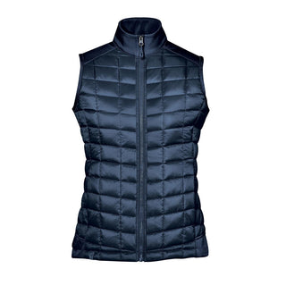 Women's Appalachian Thermal Softshell Vest - A navy blue women's thermal softshell vest with a quilted design and a high collar. Features a front zip and branding.