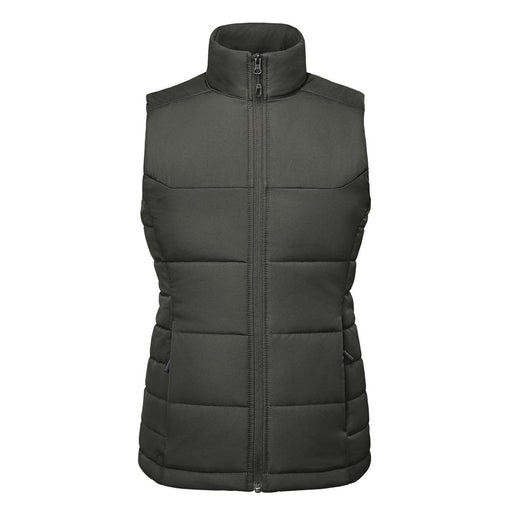 Women's Sierra Thermal Vest - A women's thermal vest in dark green, featuring a zip-up front and a high collar design. It has a logo on it.