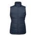 Women's Sierra Thermal Vest - A navy women's thermal vest with a zip front, featuring a high collar and padded design. It has a branding logo.