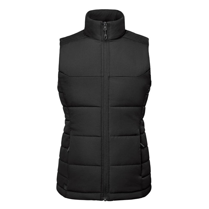 Women's Sierra Thermal Vest - A black thermal vest featuring a high collar and zippered front, with padded sections and side pockets.