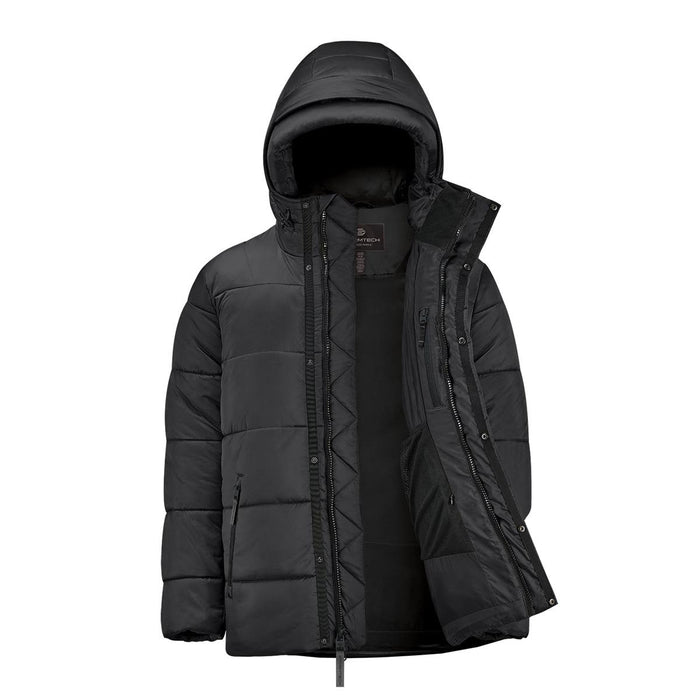 Men's Elkridge Parka - A black puffer jacket with a hood and zippered front, featuring a quilted design and a logo.