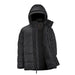 Men's Elkridge Parka - A black puffer jacket with a hood and zippered front, featuring a quilted design and a logo.
