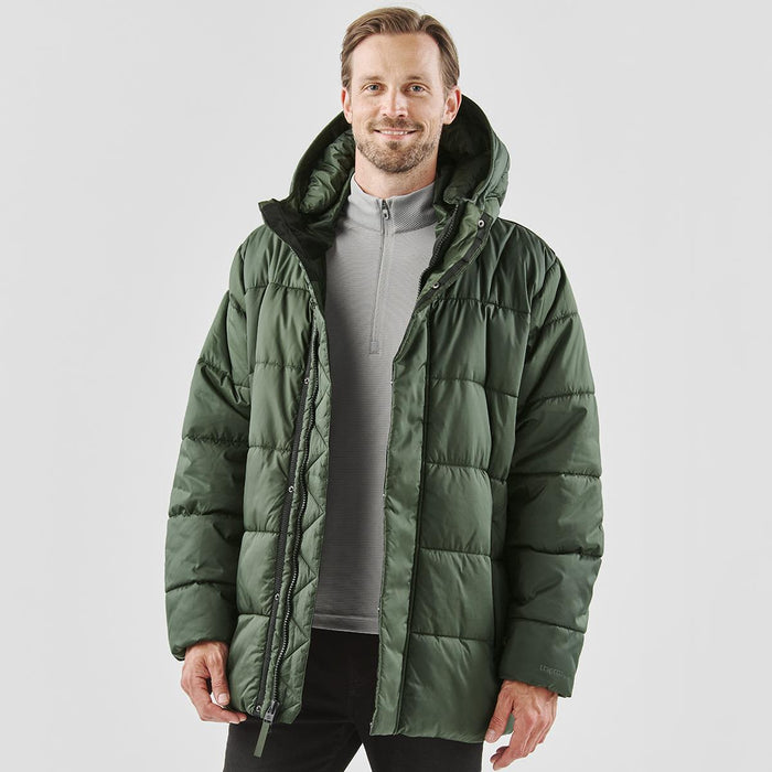 Men's Elkridge Parka - A men's puffer jacket in dark green, featuring a hood and a zippered front, displayed on a model.
