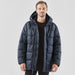 Men's Elkridge Parka - A navy blue puffer jacket with a hood, featuring a zip closure and a relaxed fit. It has a logo on the garment.