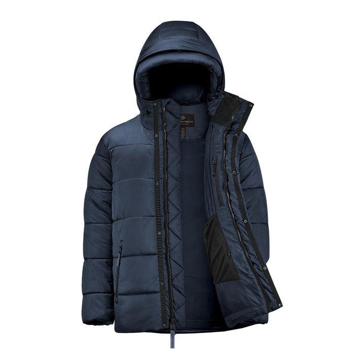 Men's Elkridge Parka - A navy puffer jacket with a hood and zippered front, featuring a logo and a two-tone design.