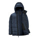 Men's Elkridge Parka - A navy puffer jacket with a hood and zippered front, featuring a logo and a two-tone design.