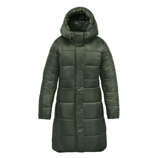 Women's Elkridge Parka - A women's puffer jacket in olive green with a hood, featuring a quilted design and a knee-length cut.