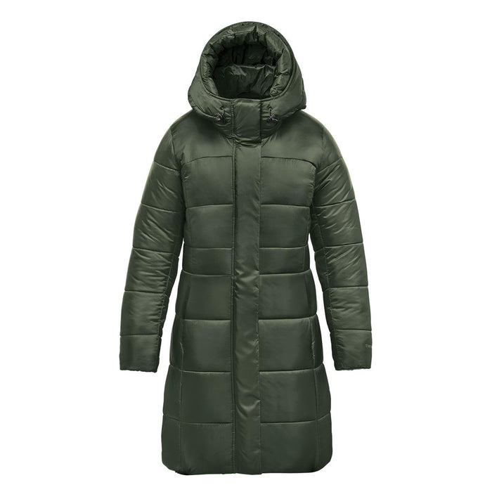 Women's Elkridge Parka - A women's puffer jacket in olive green with a hood, featuring a quilted design and a knee-length cut.