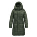 Women's Elkridge Parka - A women's puffer jacket in olive green with a hood, featuring a quilted design and a knee-length cut.