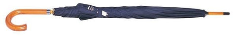 Executive Umbrella 24" - A navy blue umbrella with a curved wooden handle and an open design. It has a logo on the fabric.
