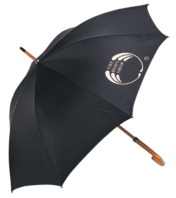 Executive Umbrella 24" - A black umbrella with a curved wooden handle and a logo on the canopy, designed for leisure and outdoors.