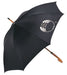 Executive Umbrella 24" - A black umbrella with a curved wooden handle and a logo on the canopy, designed for leisure and outdoors.