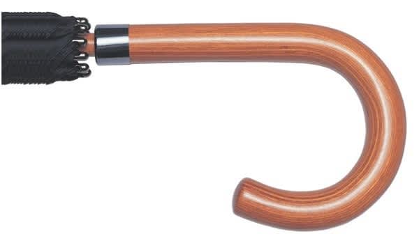 Executive Umbrella 24" - A close-up of a black umbrella with a wooden handle and a metallic accent. The handle is curved.