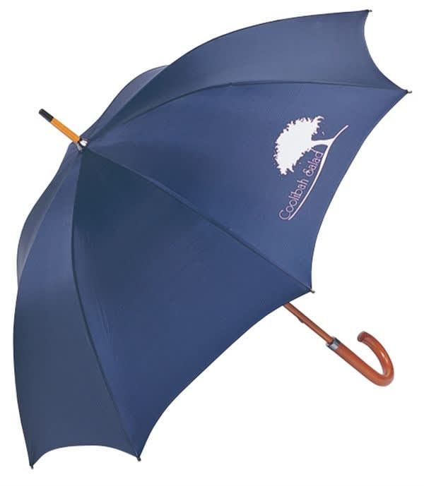 Executive Umbrella 24" - A navy blue umbrella with a wooden handle and a logo. Ideal for leisure and outdoor use.