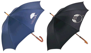 Executive Umbrella 24" - Two umbrellas are displayed, one in navy blue with a logo and the other in black with a logo, both featuring a curved handle.