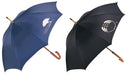 Executive Umbrella 24" - Two umbrellas are displayed, one in navy blue with a logo and the other in black with a logo, both featuring a curved handle.