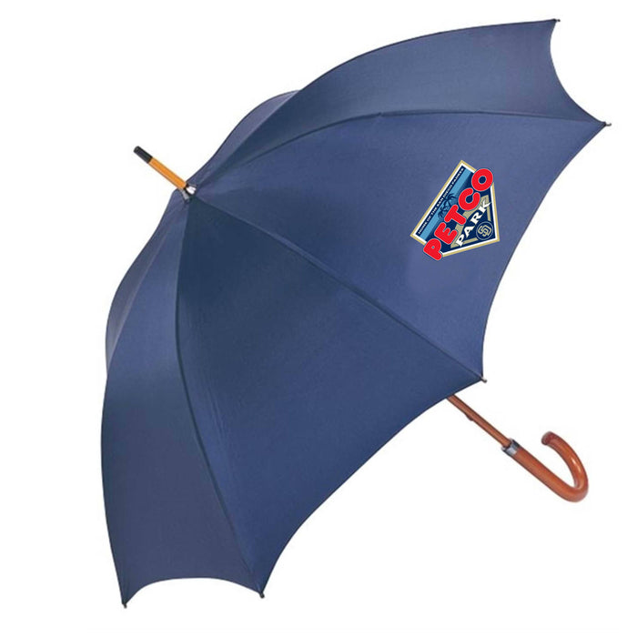 Executive Umbrella 24" - A dark blue umbrella with a wooden handle and a logo on the canopy.