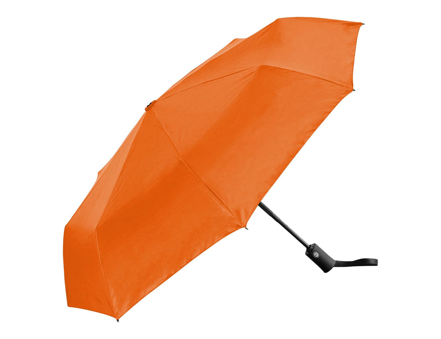 Como Fold-Up Umbrella - An orange fold-up umbrella with a black handle and a logo on the shaft.