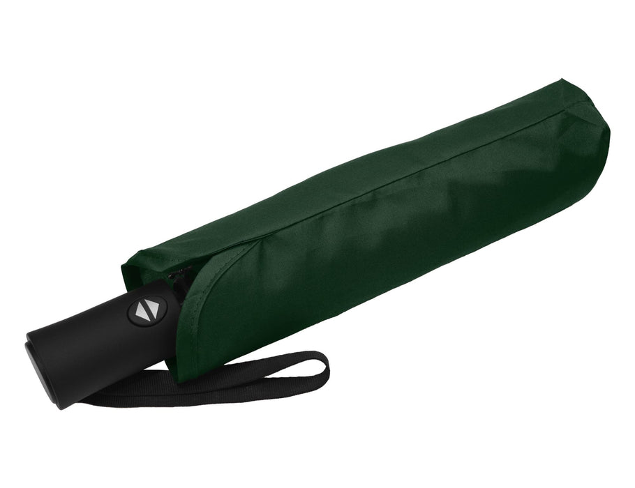 Como Fold-Up Umbrella - A green fold-up umbrella in a matching carry case, featuring a black handle and strap.