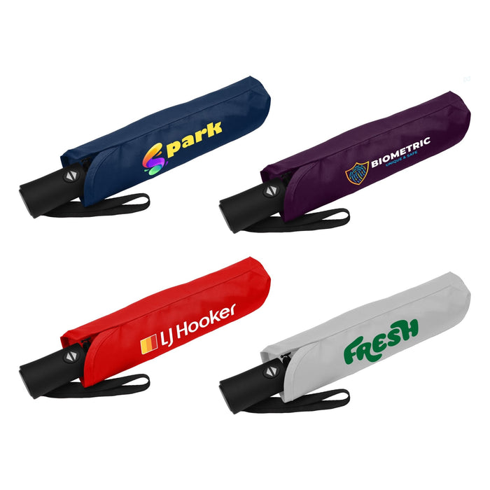 Como Fold-Up Umbrella - A collection of four folded umbrellas in navy, purple, red, and grey, each with a logo.