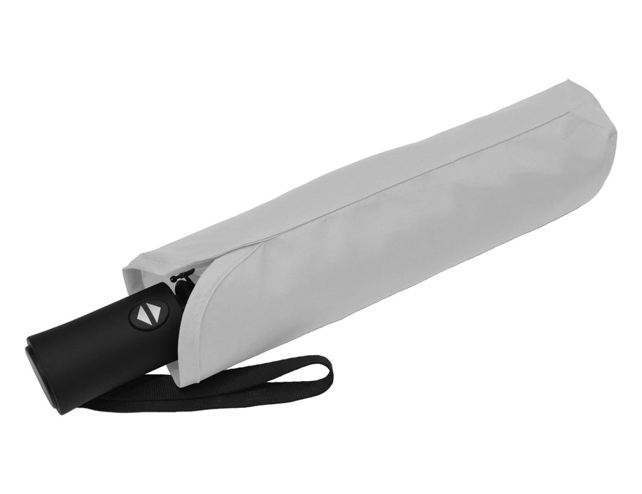 Como Fold-Up Umbrella - A folded black umbrella in a grey carrying sleeve with a strap, featuring a logo.