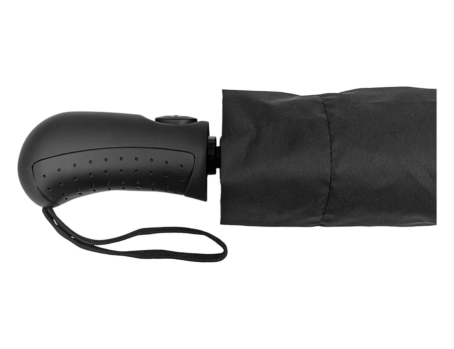City 23" RPET Fold-Up Umbrella - A black RPET fold-up umbrella with a textured handle and a storage sleeve. It features a logo on the handle.