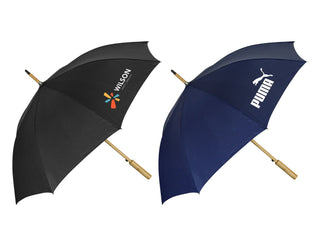 Urban 24" RPET Umbrella - A black and a navy RPET umbrella with wooden handles, each featuring a logo.