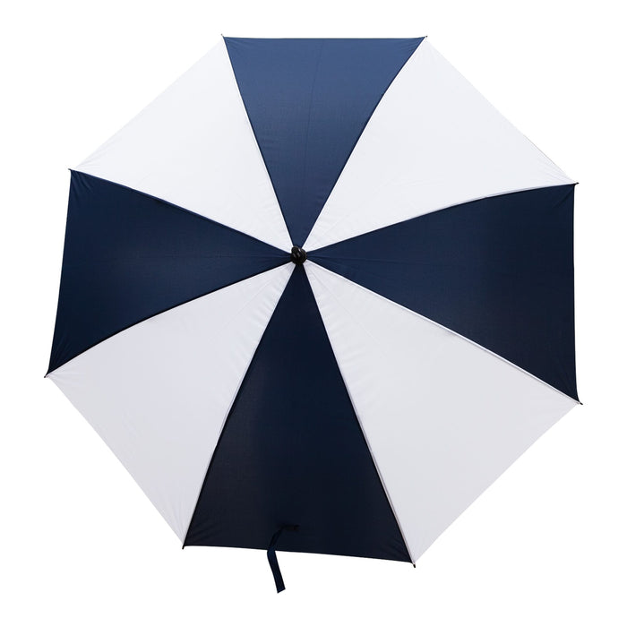 York Umbrella - A navy and white striped umbrella with a centre handle and a sleek design. The umbrella features a branding logo.