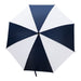 York Umbrella - A navy and white striped umbrella with a centre handle and a sleek design. The umbrella features a branding logo.