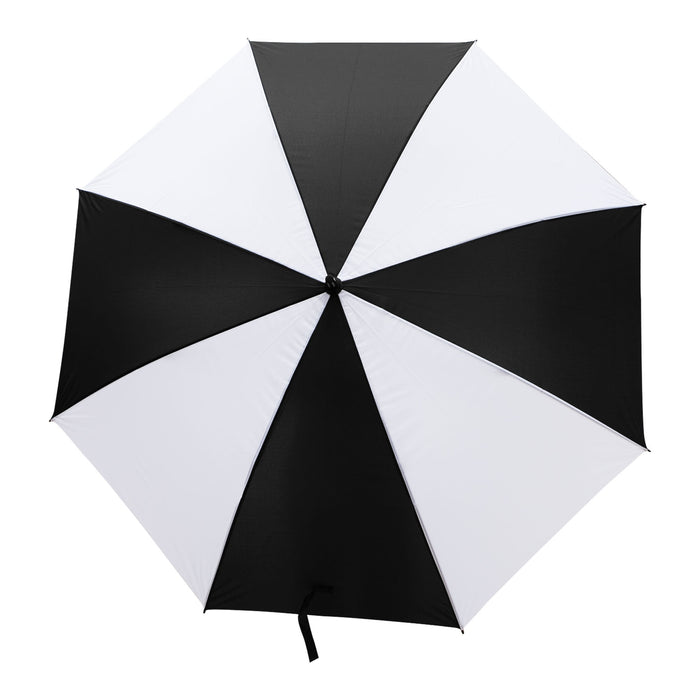 York Umbrella - A black and white striped umbrella featuring a central opening mechanism and a textured handle. It has a logo.