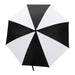 York Umbrella - A black and white striped umbrella featuring a central opening mechanism and a textured handle. It has a logo.