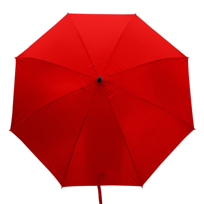 York Umbrella - A red umbrella with a smooth canopy and a black handle, featuring a logo.