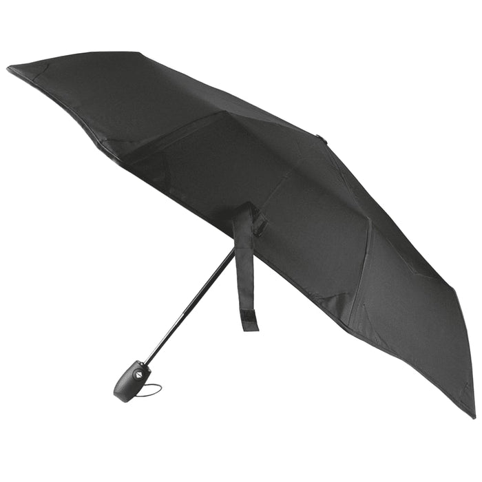 Umbrella & Tumbler Gift Set - A black tipless umbrella with a sleek design, featuring a handle and a minimalist look. It has a branding logo.