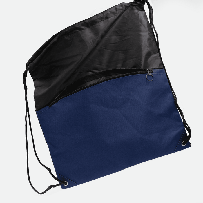 The Buddy Drawstring Bag - A drawstring bag in black and navy blue, featuring a zippered front pocket and two drawstrings.