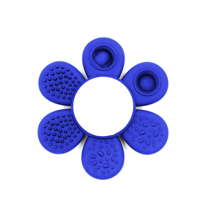 The Spinzy - A blue drink bottle with a flower-shaped design featuring textured petals and a central opening, including a logo.
